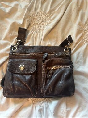Roots Villager style Leather Crossbody Bag - Dark Brown